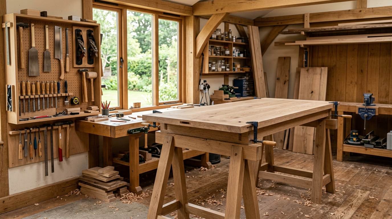 Woodworking workshop with oak table project